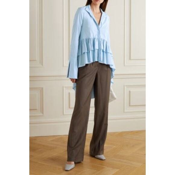 Caroline Constas Blouse Shirt Blue Tatiana Asymmetric Ruffled Cotton Size Large - Picture 1 of 13
